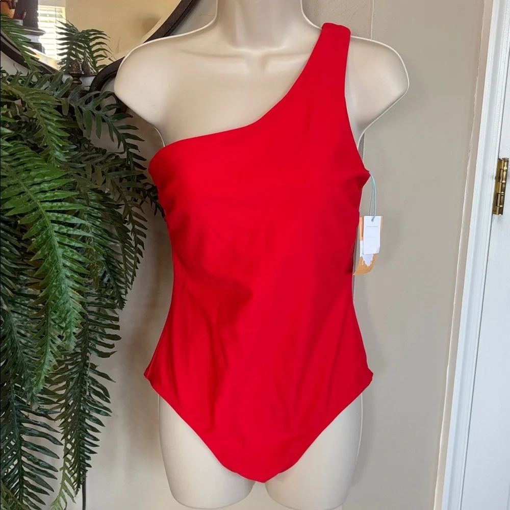Brand New Kona Sol Red One Shoulder One Piece Tummy Control Swimsuit Bodysuit